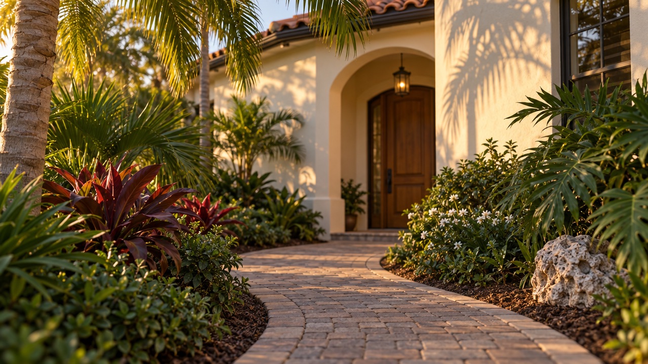 Paver path leading to an arched front door